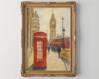 London Watercolor Print | Big Ben Cityscape Wall Art | European Streetscape | Travel Poster | Urban Decor | Gift Idea
