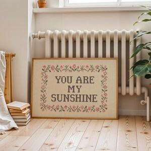 May include: A framed cross-stitch artwork with the words "YOU ARE MY SUNSHINE" in dark gray. The artwork is surrounded by a floral border in pink and green. The frame is a light brown color. The artwork is displayed on a wooden floor.