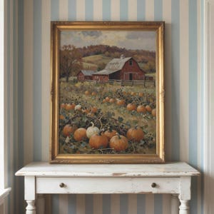 Väggtryck med pumpafält | Höstdekorationer i lantlig stil | Höstlandskapsmålning | Konstverk med lantlig design för Thanksgiving