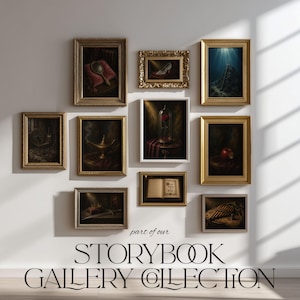Pu&ograve; includere: Una parete galleria con dieci stampe incorniciate raffiguranti vari oggetti delle fiabe, tra cui una scarpetta di cristallo, una rosa sotto una cupola di vetro e una lampada magica. Il testo in basso recita: part of our STORYBOOK GALLERY COLLECTION.