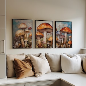 Mushroom Poster Set of 3 | Vintage Cottage Core Print Mushroom Three Piece Wall Prints | Mushroom Decor Wall Art