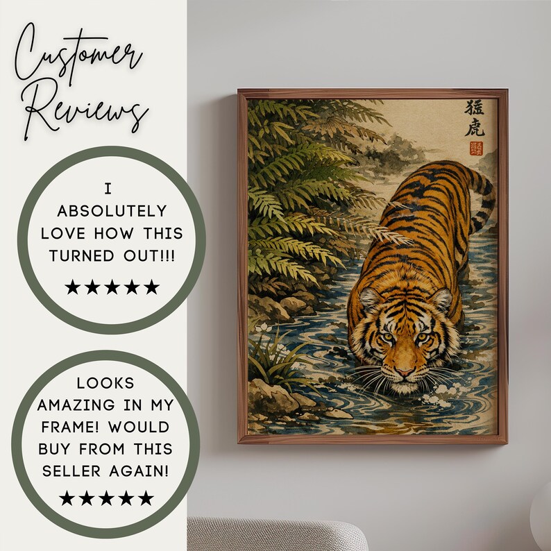 Puede incluir: Impresi&oacute;n art&iacute;stica enmarcada que representa un tigre en un arroyo, con una est&eacute;tica de inspiraci&oacute;n japonesa. El tigre tiene rayas naranjas y negras, con una representaci&oacute;n detallada del agua y el follaje. El marco es de color marr&oacute;n c&aacute;lido. La imagen tambi&eacute;n incluye rese&ntilde;as de clientes.