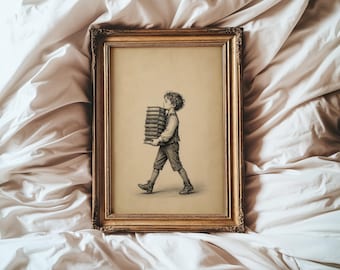 Boy Carrying Books Print | Vintage Literary Wall Art | Bookshelf Shelf Art for Library | Reading Nook Decor