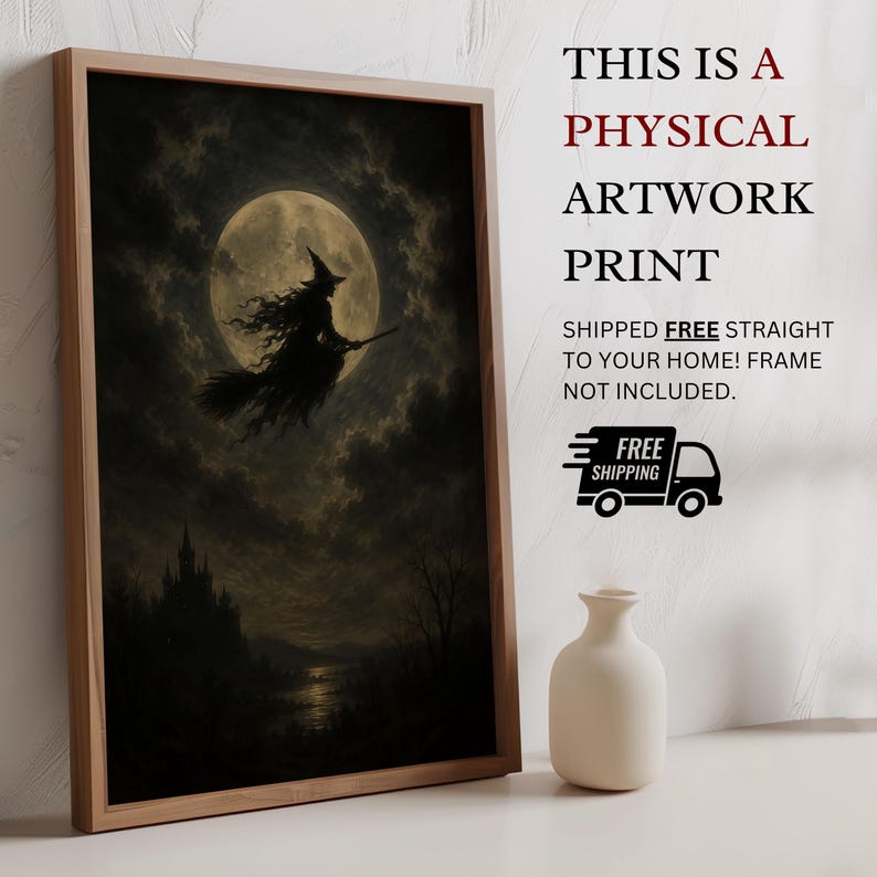 Flying Witch Moon Wall Art | Halloween Print | Dark Fantasy Decor | Gothic Witch Artwork | Spooky Night Sky image 2