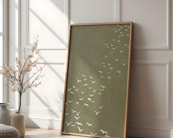 Muurkunst vliegende vogels | Kunst aan de muur zwerm vogels | Minimalistische vogelmuurkunst | Saliegroen neutraal muurdecor | Muurkunst natuur