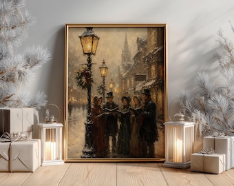 Christmas Carolers Singing Print | Cozy Holiday Village Wall Art | Nostalgic Winter Painting | Farmhouse Christmas Decor