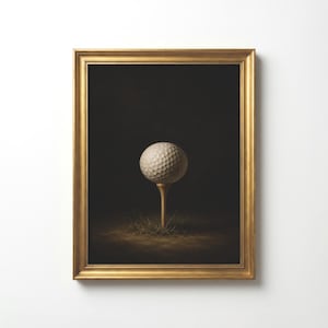 Op de afbeelding: Een ingelijst kunstwerk aan de muur met een witte golfbal met kuiltjes op een houten tee. De bal is in het midden geplaatst tegen een donkere, sfeervolle achtergrond, met een klein plukje gras zichtbaar aan de voet van de tee in de lijst.