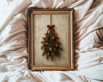 May include: A rectangular gold-toned ornate frame containing a print of a hanging evergreen bough. The bough is decorated with brown pinecones and metallic gold bells, tied together with a thin dark red ribbon bow at the top center.