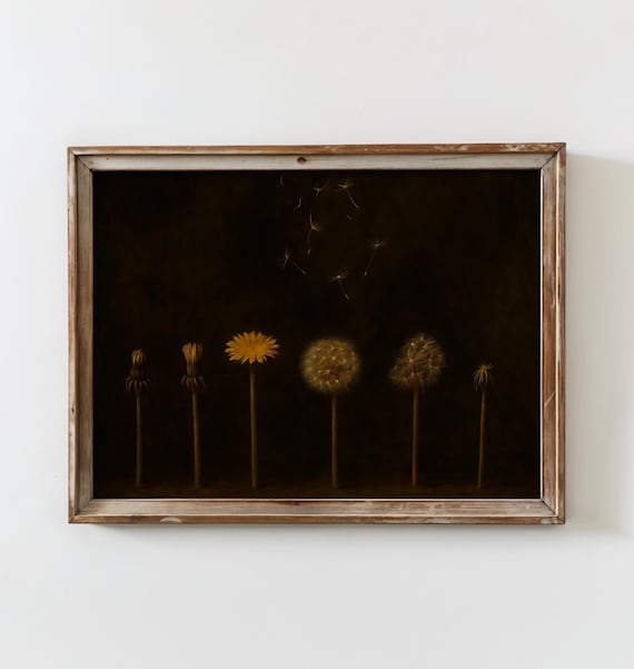 Moody Cottagecore Dandelion Painting | Vintage Dark Academia Print | Modern Farmhouse Art | Dark Dandelion Flower Artwork
