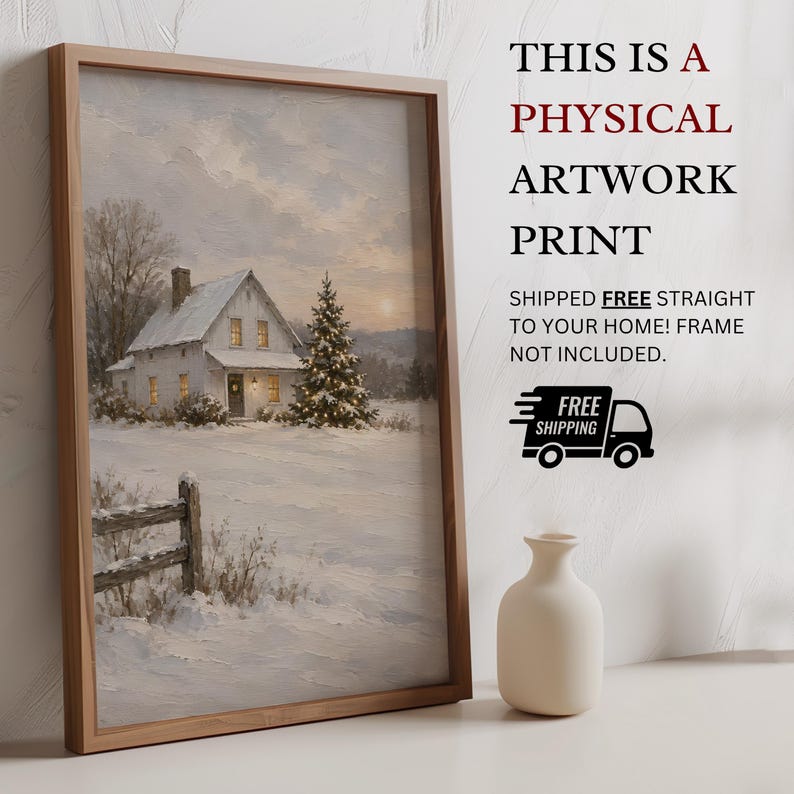 Snowy Christmas Barn Print | White Winter Farmhouse Wall Art | Rustic ...