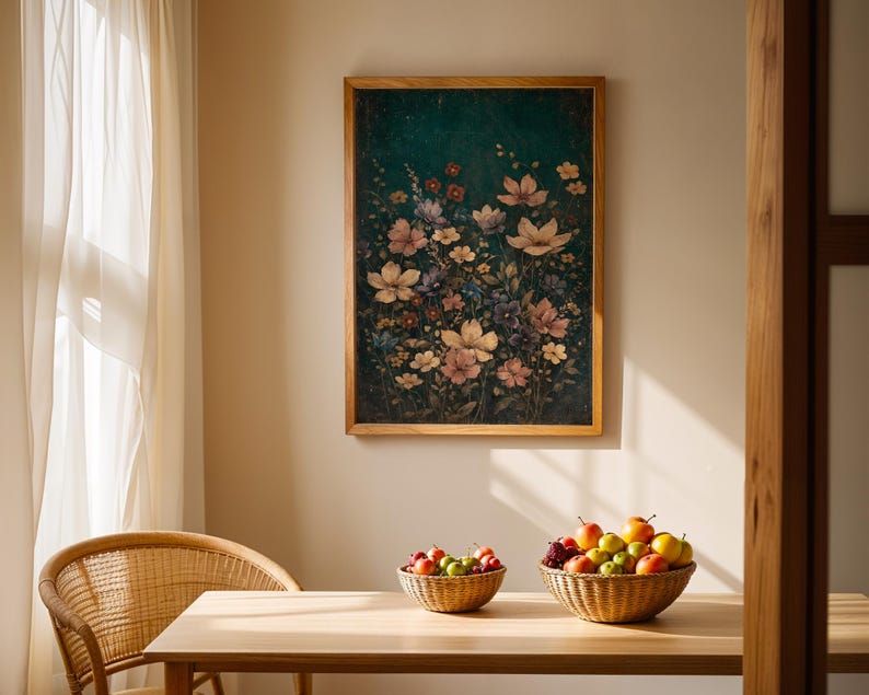 May include: A framed floral print with a wooden frame hangs above a wooden table. Two woven baskets hold fruit. A wicker chair sits near a sheer curtain. The artwork features a variety of flowers in shades of pink, white, and purple against a dark green background.