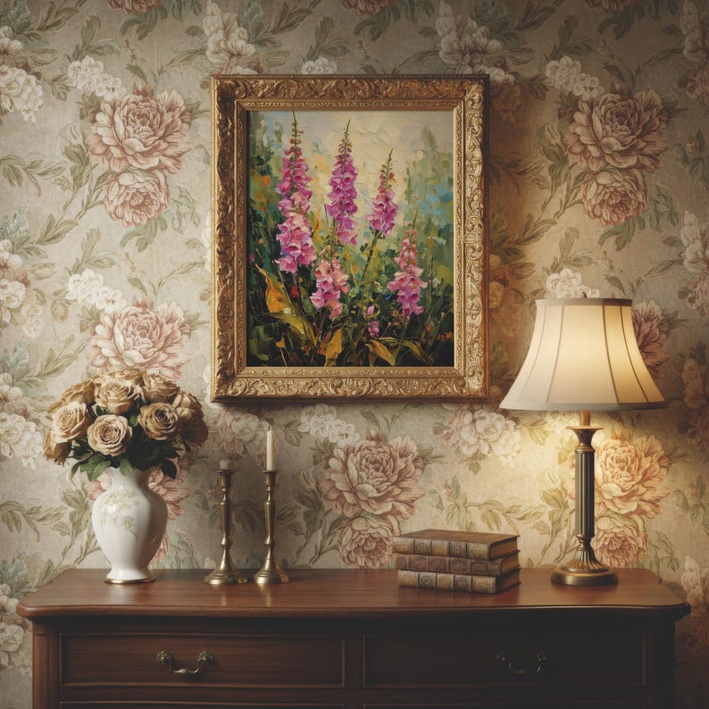 Vingerhoedskruid muurdecoratie | Roze wilde bloemen botanische decoratie | Cottagecore bloemen muurdecoratie | Vintage bloemenposter | Engelse tuinprint afbeelding 10