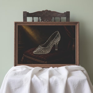 Pu&ograve; includere: Un dipinto incorniciato raffigurante una scarpa con tacco trasparente e testurizzata, con punta affusolata e tacco sottile. La scarpa poggia su un cuscino di velluto rosso scuro, illuminata da un raggio di luce su uno sfondo scuro.