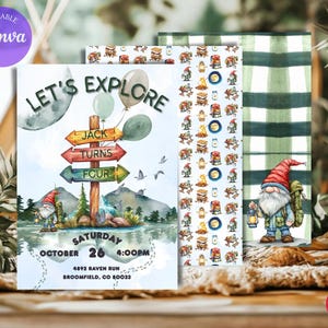 May include: A set of invitations and coordinating elements with a watercolor theme. The main invitation features the text "Let's Explore" and a signpost with the text "Jack Turns Four". The design includes a gnome, balloons, and a mountain scene.