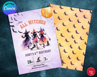 Può includere: Un invito a tema Halloween con il testo "Calling All Witches" e i dettagli per un sesto compleanno. Il design presenta illustrazioni di streghe, pipistrelli e una luna. L'invito è accompagnato da una carta a motivi con sagome di streghe.