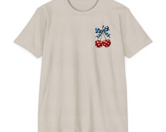 Patriotic Cherry Bow Shirt - America Flag Cherries Graphic Tee - USA Fourth of July T-Shirt -Gym Retro Summer Fitness Tee