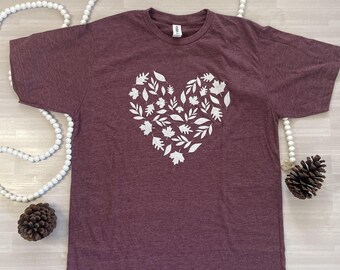 Fall Leaves Heart T-Shirt - Burgundy Autumn Shirt