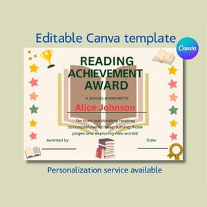 Editable Reading Certificate Template: Student Award (Canva, Digital Download)