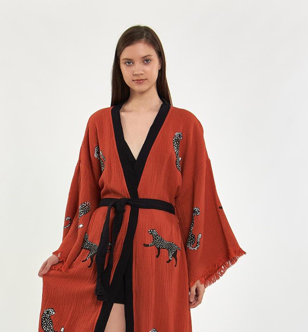 Tiger Pattern Kimono Robe, Terracotta Tiger Motif, Short Kimono ...