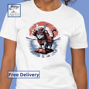 Japanese Samurai Shirt Cat Lover Gift Woodcut Samurai Cat Print Japan Cat Samurai Cat Tee Sunrise Print Tee Cat Idea Armour Block Print Tee