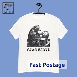T Shirt Bear Playing Drums Gift Idea Apparel Animal Lover Shirt Cotton Tee Grizzly Bear Print Streetwear Design Woodcut Print Drumming Shirt