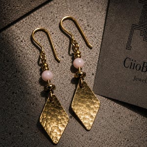 Pink opal earrings, handmade brass; diamond-shaped hematite earrings in gold; gemstone earrings for women, Peruvian; boho jewelry gift for women