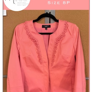 Talbots Petites 8P Coral Loop Trim Crop Jacket Open Front Cotton Pockets 3/4 Sleeve