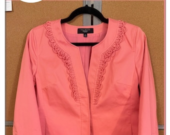 Talbots Petites 8P Coral Loop Trim Crop Jacket Open Front Cotton Pockets 3/4 Sleeve
