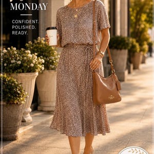 May include: A midi-length dress with a brown and black leopard print, short sleeves, and a cinched waist with a tie belt. The dress is paired with a tan leather shoulder bag, beige high-heeled pumps, and gold jewelry. Text reads BACK TO WORK MONDAY.