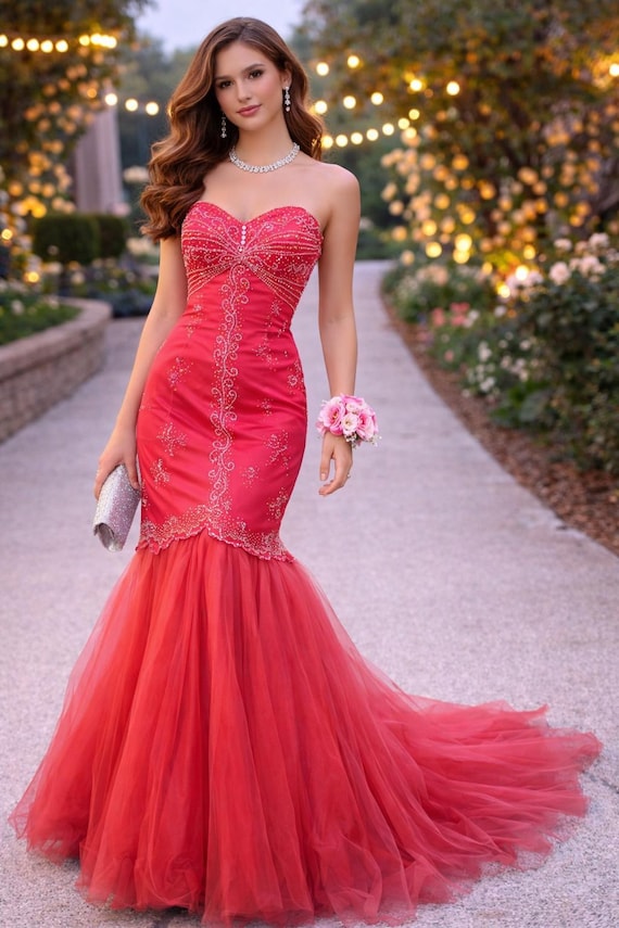 Vintage Alyce Designs Dark Coral Pink Tulle Mermaid Prom Dress Beaded Strapless Formal Gown 4 Vintage Alyce Designs Dark Coral Pink Tulle Mermaid Prom Dress Beaded Strapless Formal Gown 4