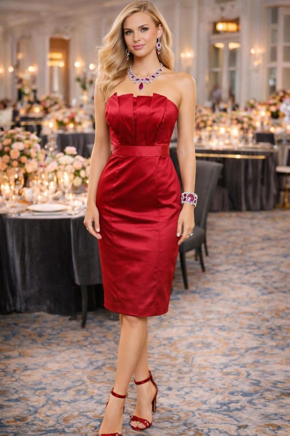 red strapless knee length dress The Limited Satin Pleated Bodice Cocktail Mini Size 2 VTG short red cocktail dress