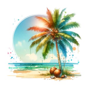 ココナッツパームツリーPNG、昇華デザイン、カラフルなクリップアート、夏のデジタル画像、トレンディなPNG、カバーデザイン、インスタントダウンロードPNG、トロピカル