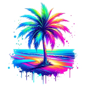 Neon palmboom PNG, sublimatieontwerp, kleurrijke zomerillustraties, strand digitaal beeld, leuke tropische png, T-shirtontwerp, Instant Download png