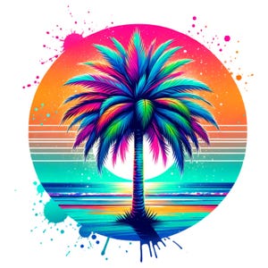 トロピカルパームツリーPNG、昇華デザイン、カラフルなネオンクリップアート、夏のデジタル画像、トレンディなPNG、Tシャツデザイン、インスタントダウンロードPNG