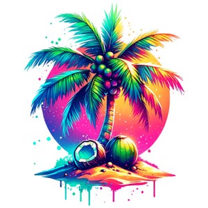 May include: A vibrant, colourful illustration of a palm tree with coconuts on a tropical island. The tree is surrounded by a colourful sunset and splashes of paint.