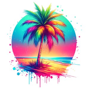 トロピカルパームツリーPNG、昇華デザイン、カラフルなネオンクリップアート、夏のデジタル画像、トレンディなPNG、トートバッグデザイン、即時ダウンロード、クール