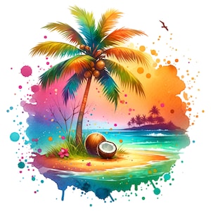 Noix de coco palmier PNG, conception amusante par sublimation, clipart coloré, image numérique d'été, tendance PNG, conception de la couverture, tropical téléchargement immédiat