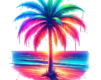 Clipart PNG di palma tropicale al neon: design di sublimazione estiva (download digitale)