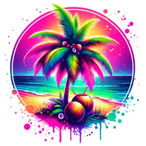 May include: A vibrant illustration of a tropical beach scene with a palm tree, ocean waves, and two coconuts with straws. The background is a colourful gradient of pink, purple, and blue with white paint splatters.
