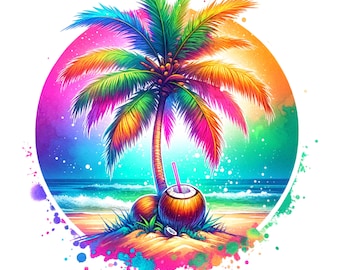Neon Palm Tree PNG: Clipart estiva colorata (download digitale) - Immagine trasparente - Design a sublimazione