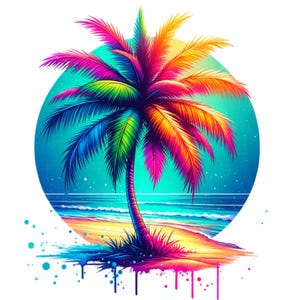 トロピカル パームツリー PNG、昇華デザイン、カラフルなネオン クリップアート、夏のデジタル画像、トレンディな PNG、T シャツ デザイン、インスタント ダウンロード png