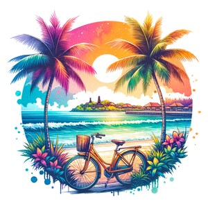 トロピカルパームツリーPNG、昇華デザイン、カラフルなクリップアート、夏のデジタル画像、トレンディなPNG、Tシャツデザイン、インスタントダウンロードPNG、自転車