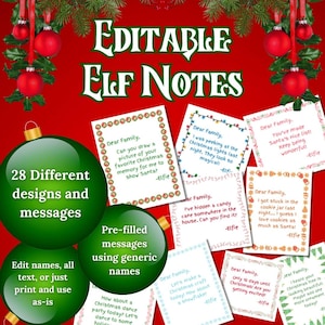 May include: A collection of 28 printable elf notes with different designs and messages. The notes are editable and can be personalized with names and text. The notes feature a variety of Christmas themes, including candy canes, snowflakes, and Christmas lights. The notes are pre-filled with generic messages, but can be customized to fit any occasion.