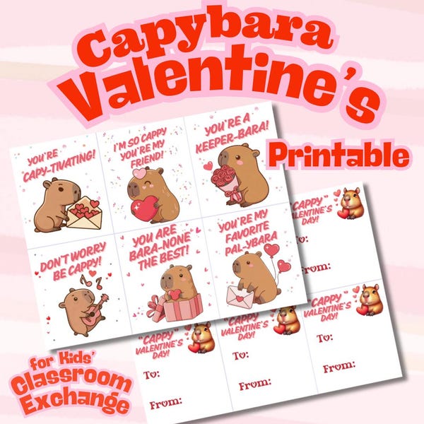 Cute Capybara Valentine Cards, Classroom Exchange Printable