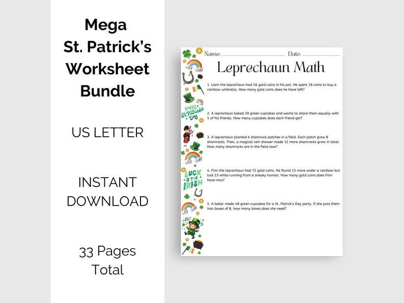 St Patricks Day Classroom Worksheet Bundle, Elementary Grades 2 - 4 ...