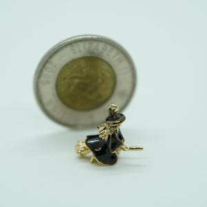May include: A gold-toned witch charm with a black cloak and hat, riding a broom. The charm is small, with a coin in the background. The witch is a Halloween-themed charm.