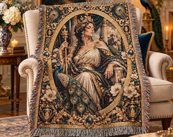 Hera Mosaic Woven Blanket, Greek Goddess Throw, Peacock Tapestry Blanket, Mythology Home Decor