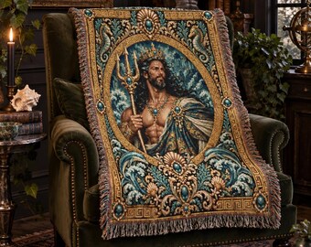 Poseidon Woven Tapestry Blanket, Greek Mythology Gift, Dark Academia Tapestry, Sea God Decor