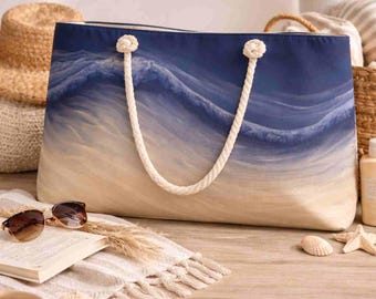 Coastal Weekender Bag, Ocean Wave Travel Tote, Navy Beach Overnight Bag, Rope Handles