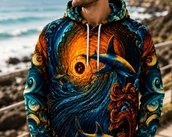 Shark All Over Print Hoodie, Ocean Predator Streetwear, Coastal Surf Sweatshirt